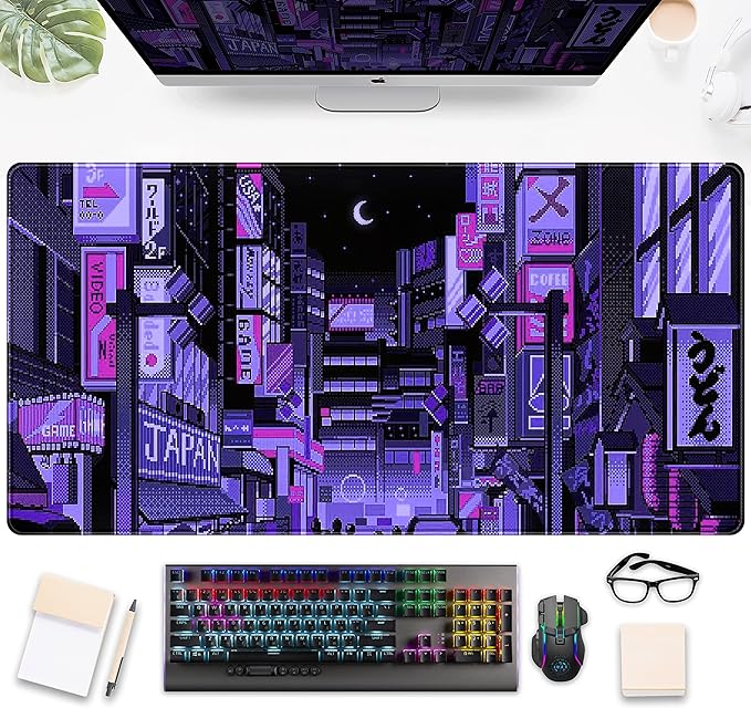 Tokyo Street Desk Pad Purple, Cute Retro Large Gaming Mouse Pad, Japanese Anime Laptop Keyboard Mouse Mat XXL, Aesthetic Neon Pixel Skyline/City Desk Mat, Desk Decor Pads for Women 31.5"x15.75"