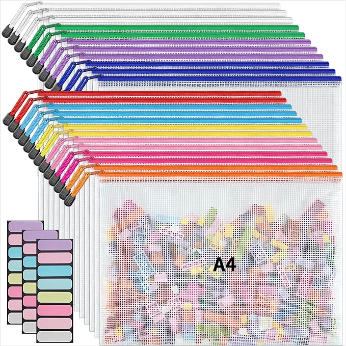 JARLINK A4 Letter Size 24 Pack 10 Colors Zipper Mesh Document Pouch, Mesh Bags for Board Games & Puzzles, Waterproof Document Zipper Pouches for Office School Supplies, Toys, Cosmetics Travel Storage