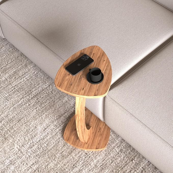 C Shaped Triangular Top Design Table for Couch Small Places, Space Saver Sheild Shape Side Table for Sofa and Bedside with Wheels, Coffee and Eating Snack Time Tray for Living Room, Office (Natural)