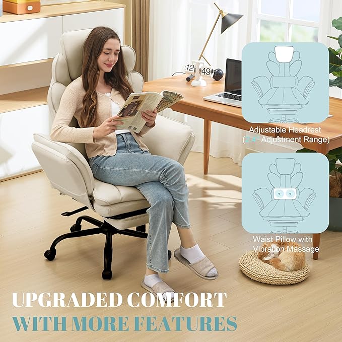 Flip Armrests Criss Cross Office Chair, Reclining Office Chair with Foot Rest, Adjustable Headrest, Massage Waist Pillow, Cross Legged Big and Tall Desk Chair Wide Seat Vanity Chair, PU Leather Beige