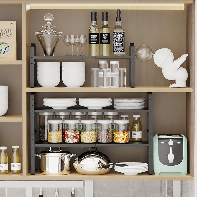 Jojocross Expandable Shelf for Cabinet Organizer Adjustable Stackable Spice Rack at Kitchen and Bathroom More,Metal Plate with Hole (2 Packs/Black, Large)