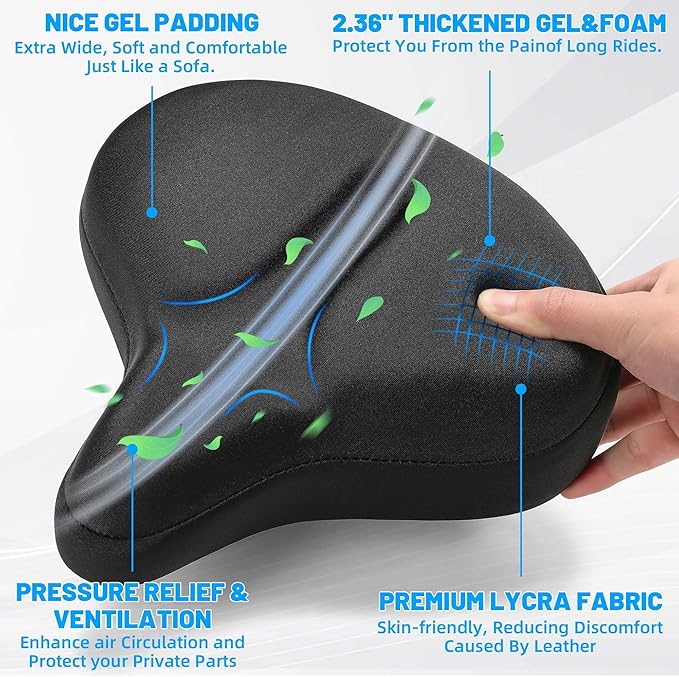 CDYWD Oversized Bike Seat for Men & Women, Comfortable Gel Padded, Extra Wide Bicycle Seat Cushion Comfort, Replacement Saddle for Peloton, Stationary Exercise Bike, Mountain Bike, Cruiser, City Bike