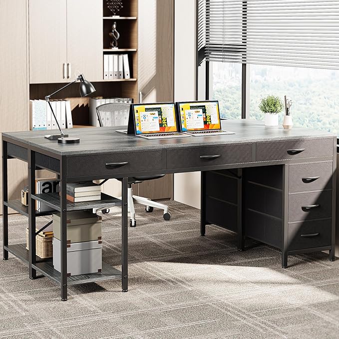 Huuger Computer Desk with 6 Drawers, Office Desk with Shelves, Reversible Gaming Desk, Corner Desk with Storage, Work for Home Office, Study, Living Room, 63inch, Grey