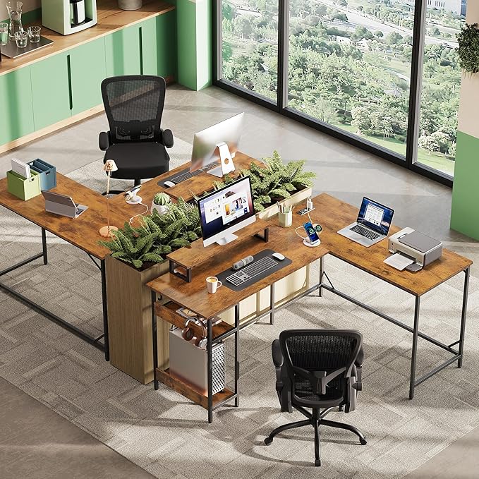 DEVAISE Full-Size 60" L Shaped Gaming Desk with LED Lights and Power Outlets - Reversible Corner Computer Table with Monitor Stand and Storage Shelves for Work and Gaming, Rustic Brown