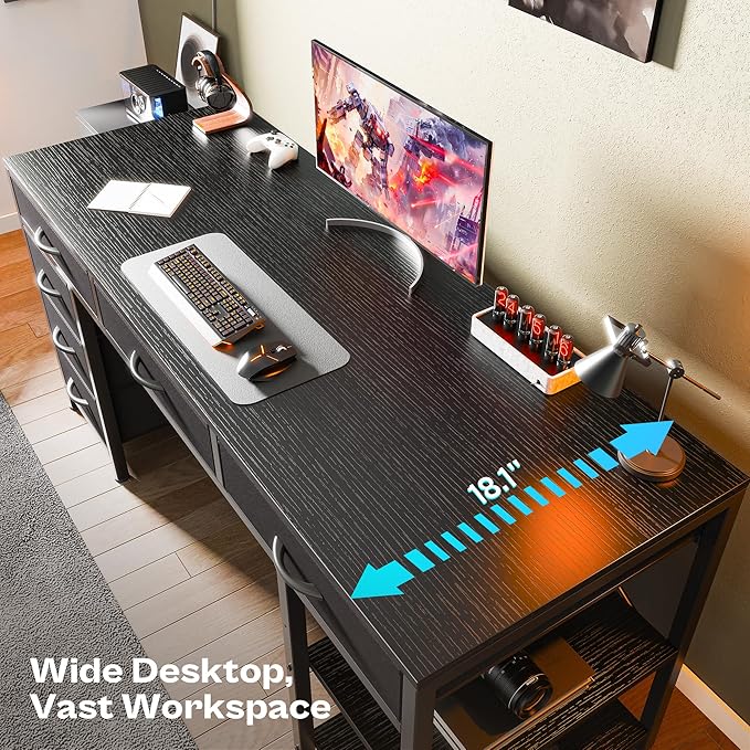 Huuger Computer Desk with 6 Drawers, Office Desk with Shelves, Reversible Gaming Desk, Corner Desk with Storage, Work for Home Office, Study, Living Room, 54inch, Black