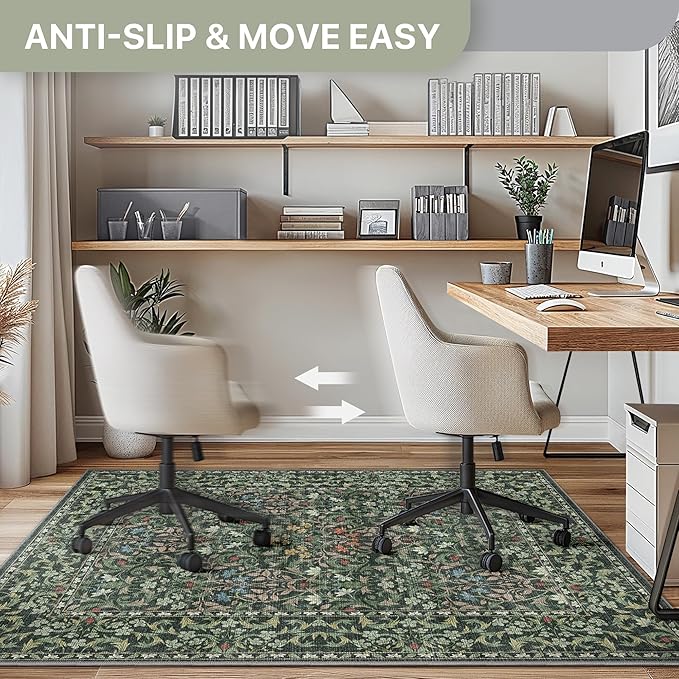 48"x60" Office Chair Mat for Hardwood Tile Floor, Under Desk Carpet Protector for Rolling Computer Chair Mat, Machine Washable Area Rug, Anti-Slip 1/5" Thick Low Pile Thin Vinyl Floor Mat, Moss Green