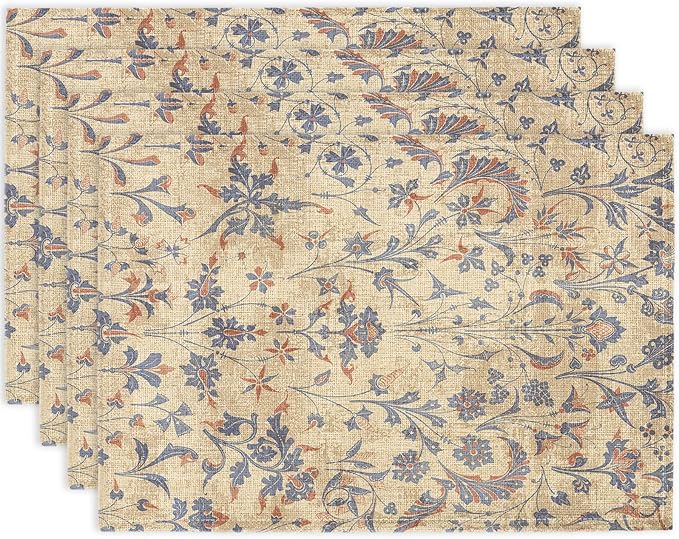 Boho Floral Cream Placemats Set of 4,Vintage Elegant Farmhouse Table Center Linen Decor,12x18 Inch Country Rustic Farmhouse Magical Fall Table Mats for Party Kitchen Dining