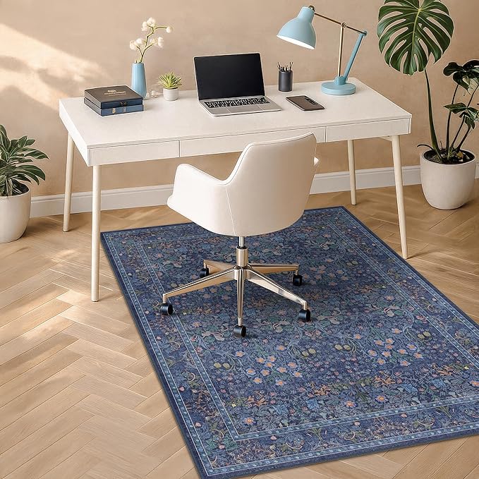 Dark Blue Office Chair Mat for Hardwood Floors, Tile Floor Protector for Heavy Duty Office Chairs, Under Desk Carpet with Anti-Slip & Stain Resistant, Ultra Soft Low Pile Washable Area Rug, 4x5