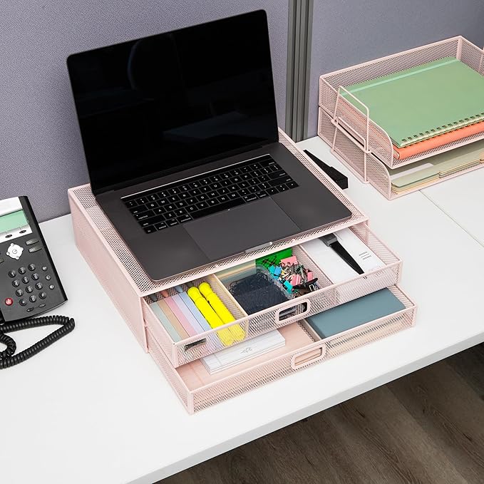 Mind Reader Mesh Monitor Stand with Storage Drawer, Ventilated Laptop Riser and Desktop Organizer, Office, Metal Mesh, Pink