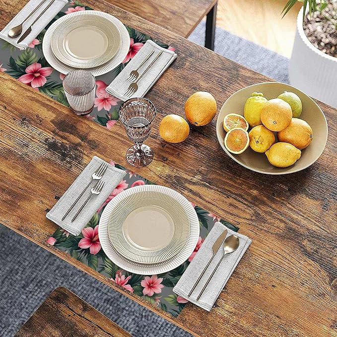 Tropical Pink Flamingo Placemats Set of 6 Linen Table Mats, 12x18 Inch Washable Placemats for Dining Table, Non Slip Heat Resistant Mats for Kitchen Home Decor