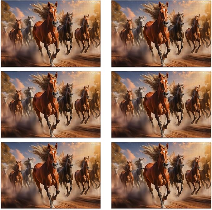 Placemats Set of 6, Running Herd Horse Linen Placemats 12x18 Inch, Heat Resistant Table Mats, Washable Non Slip Place Mats for Dining Table Kitchen Home