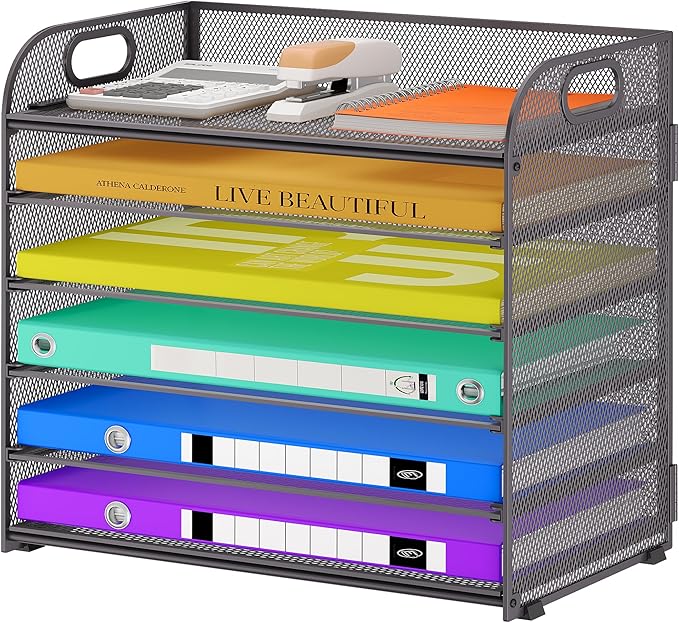 Cawukege 6 Tier Paper Organizer, Grey Letter Tray with Handle, Mesh Desk Organizer, Metal File Organizer, Office Desk Accessories for Home, Office, Classroom, School