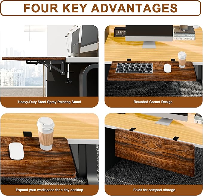 Ergonomic Desk Extender Tray, 24.02"×11.81" Clamp-On Arm Rest Shelf, 90° Foldable Computer Elbow Support for Office Home, Space-Saving Keyboard Mouse Tray (Vintage Burnt Color)