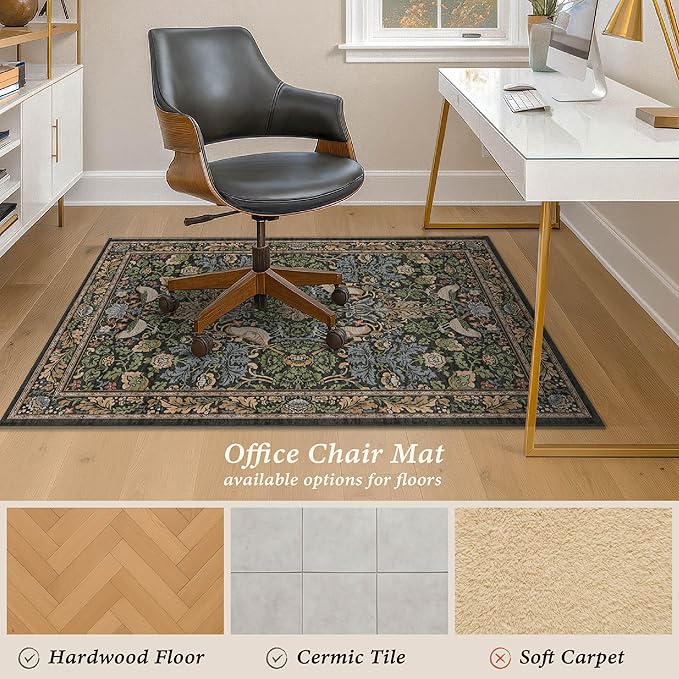 3x4 Green Office Chair Mat for Hard Wood & Tile Floor, Boho Low Pile Carpet Floor Protector for Rolling Chair with Bird & Botanical Pattern, Machine Washable Under Desk Rug, Non Slip Rubber Backing
