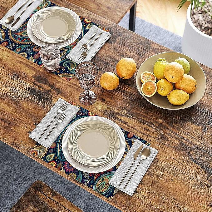 Placemats Set of 6, Indian Vintage Paisley Pattern Blue Linen Placemats 12x18 Inch, Heat Resistant Table Mats, Washable Non Slip Place Mats for Dining Table Kitchen Home