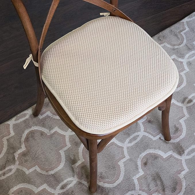 Sweet Home Collection Chair Cushion Memory Foam Pads with Ties Honeycomb Pattern Slip Non Skid Rubber Back Rounded Square 16" x 16" Seat Cover, 6 Pack, Linen 6 Pack