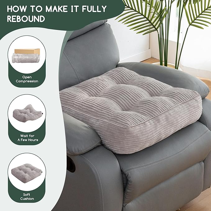 HIGOGOGO Tufted Corduroy Recliner Seat Cushion for Elderly, 20x20x5 Inch Large Square Seat Cushion for Recliner Chair, Floor Pillow, Office Chair, Car, No Pressure on Thighs, Grey