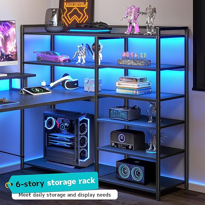 DurayLoly 63" L Shaped Gaming Desk with Monitor Stand & CPU Stand, Reversible Corner Desk with 6-Tier Shelves& 2 Fabric Drawers, Ergonomic Computer Desk with Power Outlet & LED Lights,Black