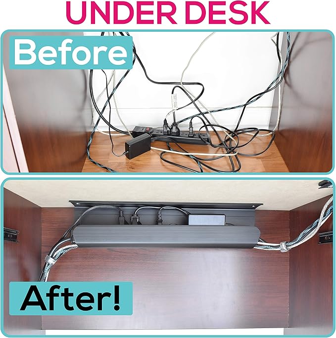 Cable Management Tray, Under-Desk, On-Wall or Side-of-Desk, 17x4x2.4”, 2-PK, Hide & Organize Your Cables, Power Supplies and Power Strips, Bonus 10-Pk Cable Ties