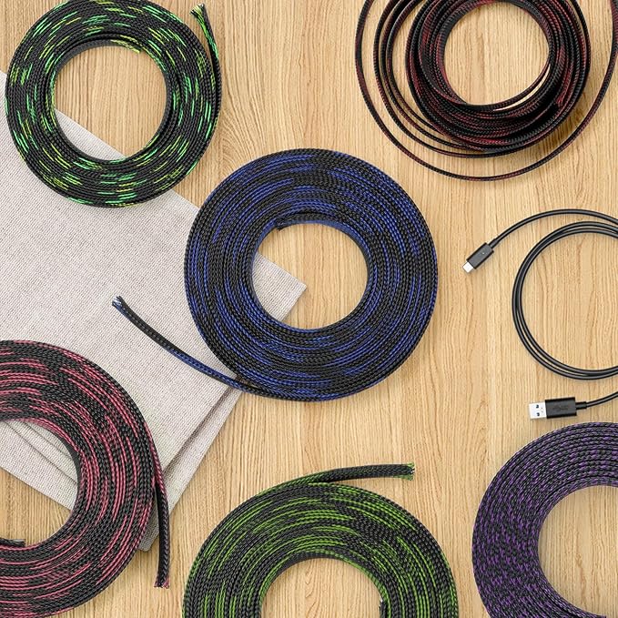 Braided Cable Sleeve, 33ft Expandable Wire Loom for Automotive Wiring Harness & PC Case, Pet-Proof Chew Resistant Cord Protector, Flexible Cable Management (Purple Black, 10mm (3/8"))