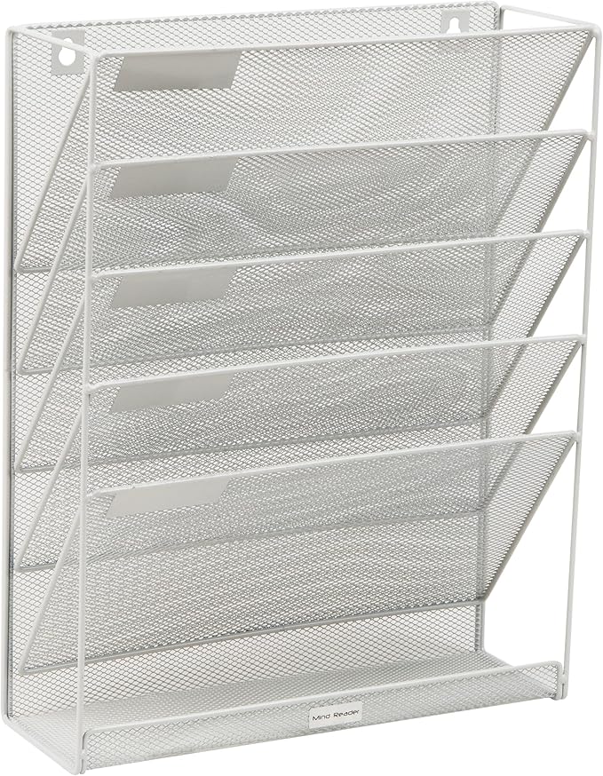 Mind Reader 5-Pocket Vertical File Storage, Desktop Organizer, Wall Mount, Office, Metal Mesh,White