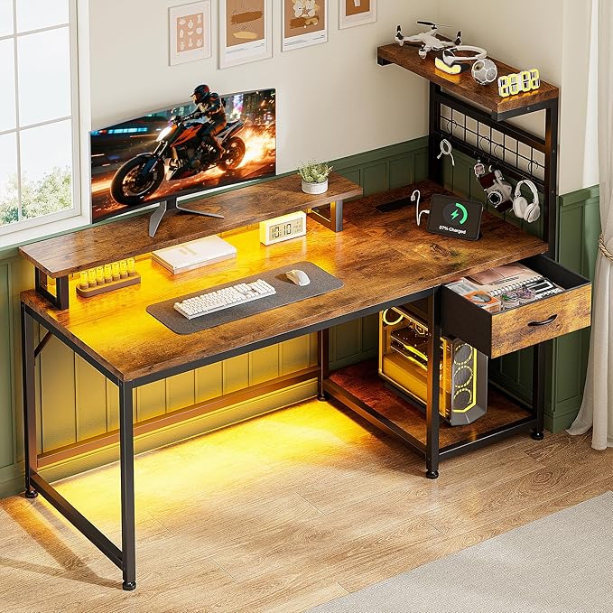 EnHomee 48" Computer Desk with Power Outlets & LED Lights, Gaming Desk with Drawer & Storage Shelves, Reversible Home Office Desk with Monitor Stand, for Living, Study Room, Gaming Room, Rustic Brown