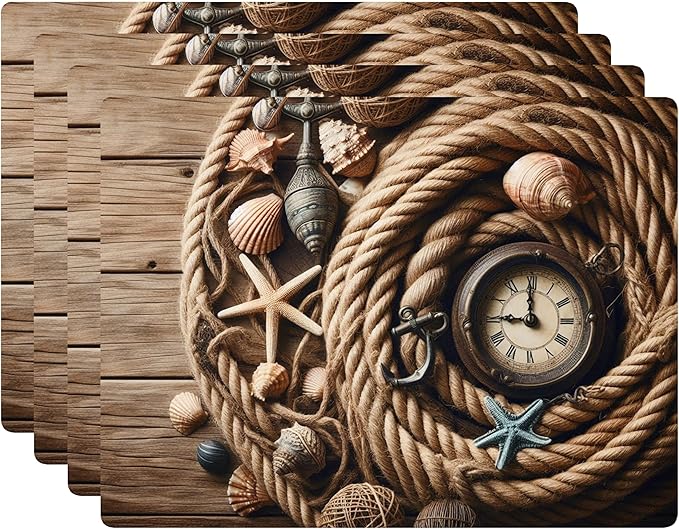 Set of 4 Cork Backed Placemats, Kitchen and Dining Table Decoration Design Hard Placemat 12" x 16" (Nautical Rope)