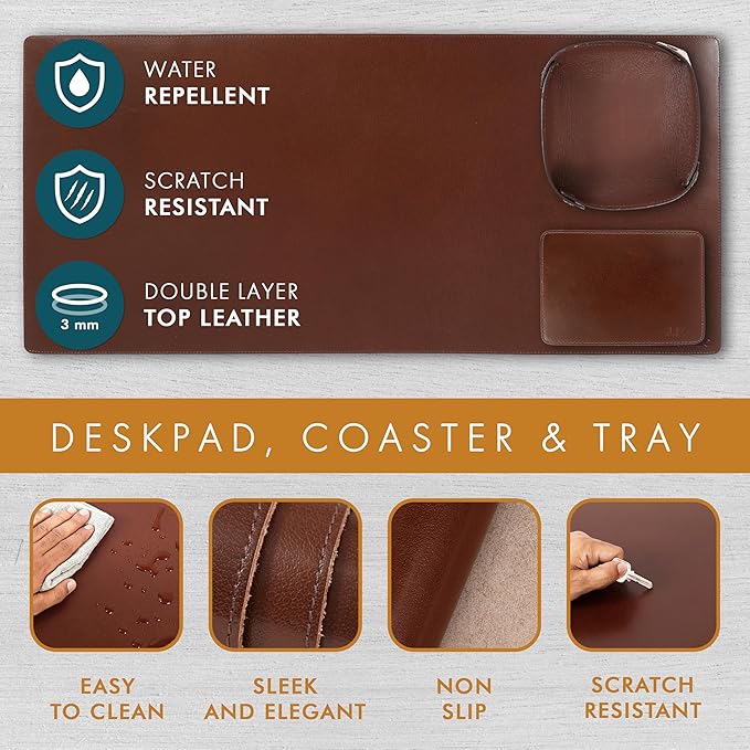 ELIZO Leather Desk Pad Real Leather Desk Mat Thick (3mm) Double Layer (31x15.6) Cover Blotter Desk Protector Large Computer Mat for Keyboard Mouse Pad Table Laptop Mat Office Accessories - Chestnut