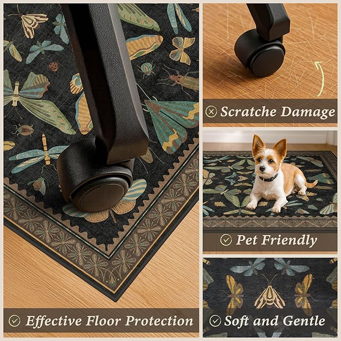 3'x4' Black Office Chair Mat for Hardwood Floors, Insect Boho Design,Non-Slip Low Pile Desk Rug, 36"x48" Small Area Rug for Computer Desk Home Office, Machine Washable WFH Essential for Dorm Room