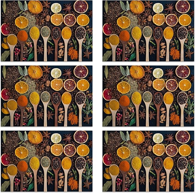 Colorful Spices Linen Placemats Set of 6, Decorative Table Mats 12x18 Inch, Washable Heat Resistant Placemats for Dining Table Kitchen Home Decor