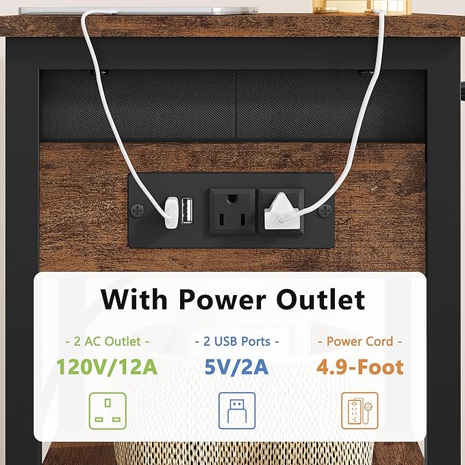 Gewudraw Printer Stand with Charging Station, 3-Tier Under Desk Printer Table, End Table with Storage Shelves for Home Office, Living Room,Bedroom,Bathroom,Brown