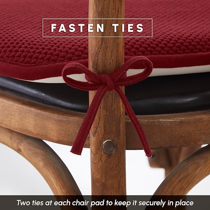 Elegant Comfort 2 Pack Chair Cushion Covers - Skid-Proof Rubber Backing - 16 x 16 Inch - Thick Dining Square Shape Seat Covers - Comfortable Textured Chair Pads with Ties - Honeycomb Pattern, Burgundy