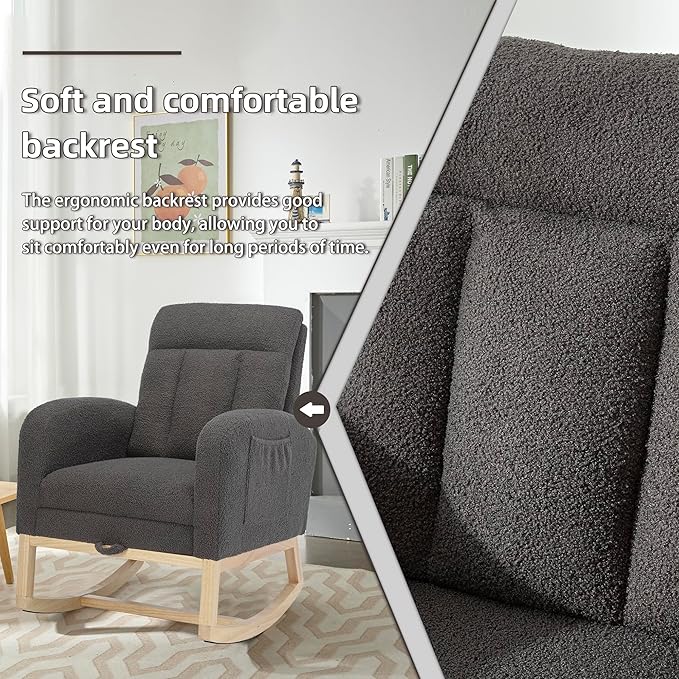 Nursery Rocking Chair with Foot Rest, Teddy Upholstered Nursery Glider Rocker Chair with Solid Wood Legs & 2 Side Pockets Comfy Armchair for Living Room Lounge Bedroom (C-Grey)