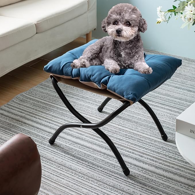 15" Folding Foot Stool for Patio, Small Accent Outdoor Ottoman, Metal Frame Foldable Foot Rest, Upholstered Morden Folding Footstool for Home Living Room Bedroom Washable Sapphire