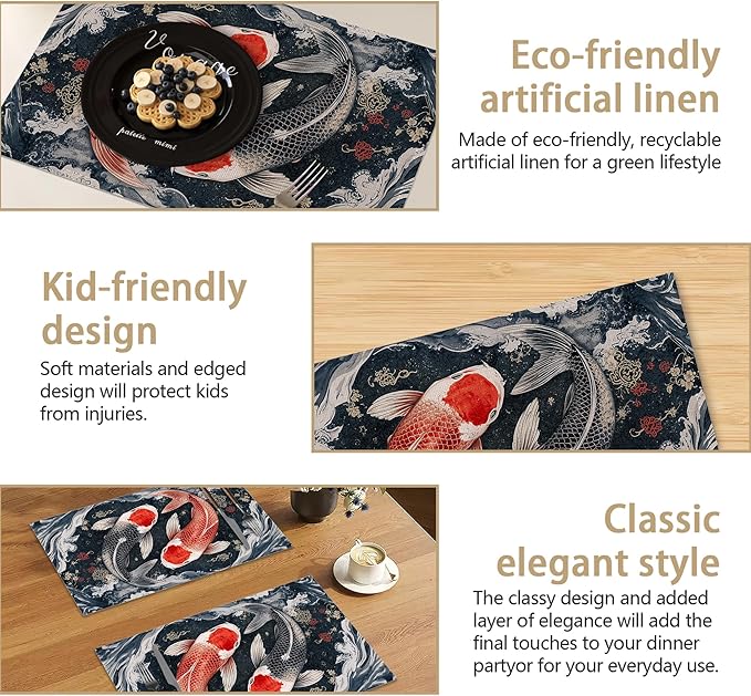 Janpanese Koi Fish Linen Placemats Set of 6, Decorative Table Mats 12x18 Inch, Washable Heat Resistant Placemats for Dining Table Kitchen Home Decor