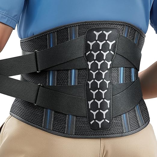 RAKIIE Back Brace for Men Lower Back with 7 Stays, Adjustable Knitted Lumbar Support Belt for Pain Relief, Breathable Soft Mesh Design with Lumbar Pad, Ergonomic Back Support Brace-Gray Size S (Waist: 27.6"-33.5")