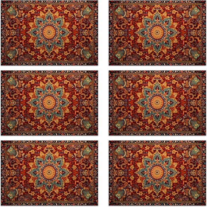 Linen Placemats Set of 6, Fall Boho Carpet Orange Brown Washable Table Mats 12x18 Inch, Heat Resistant Non Slip Placemats for Dining Table Kitchen Everyday Use