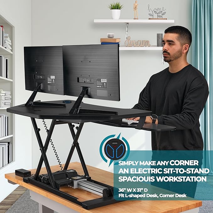 VERSADESK PowerPro 36" Corner Standing Desk Converter, 36 Inch Motorized Height-Adjustable Standup Desk Riser Sit to Stand Desktop with Keyboard and Mouse Tray + USB Charging Port, Black