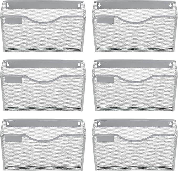 EasyPAG 6 Pack Wall File Organizer with Label Panel, Metal Mesh Hanging File Folder Holder for Letter/A4 Size Folders, Vertical Wall Mount Mail Sorter for Office Paperwork, Classroom, Silver