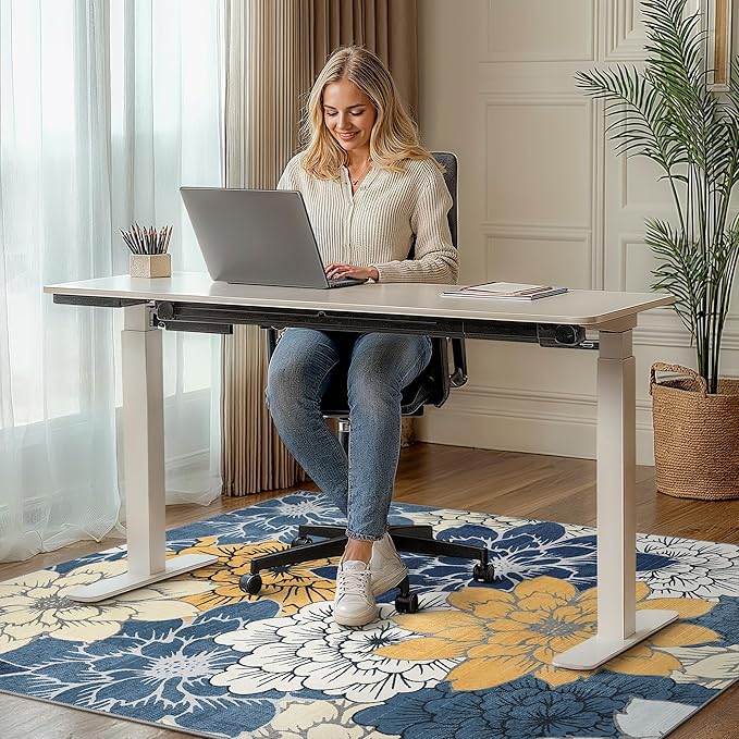 36"x48" Office Chair Mat for Hardwood Tile Floor, Under Desk Carpet Protector for Rolling Computer Chair Mat, Machine Washable Area Rug, Anti-Slip 1/5" Thick Low Pile Thin Vinyl Floor Mat, Navy Yellow