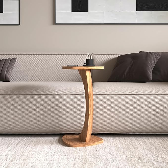 C Shaped Triangular Top Design Table for Couch Small Places, Space Saver Sheild Shape Side Table for Sofa and Bedside with Wheels, Coffee and Eating Snack Time Tray for Living Room, Office (Natural)