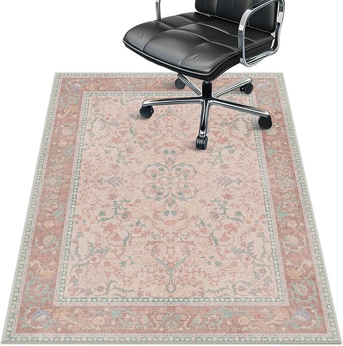 48"x60" Office Chair Mat for Hardwood Tile Floor, Under Desk Carpet Protector for Rolling Computer Chair Mat, Machine Washable Area Rug, Anti-Slip 1/5" Thick Low Pile Thin Vinyl Floor Mat, Pink
