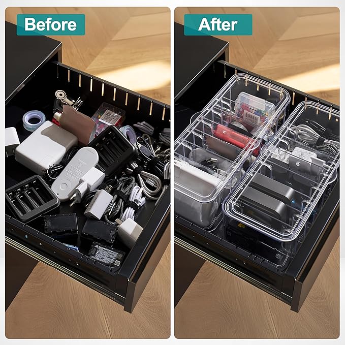Cord Organizer Box 2 Pack – Clear Cable Organizer with Adjustable Dividers, Fits Up to 10ft Cables, Cord Storage Organizer for Chargers & Tech Accessories – Includes 16 Velcro Ties