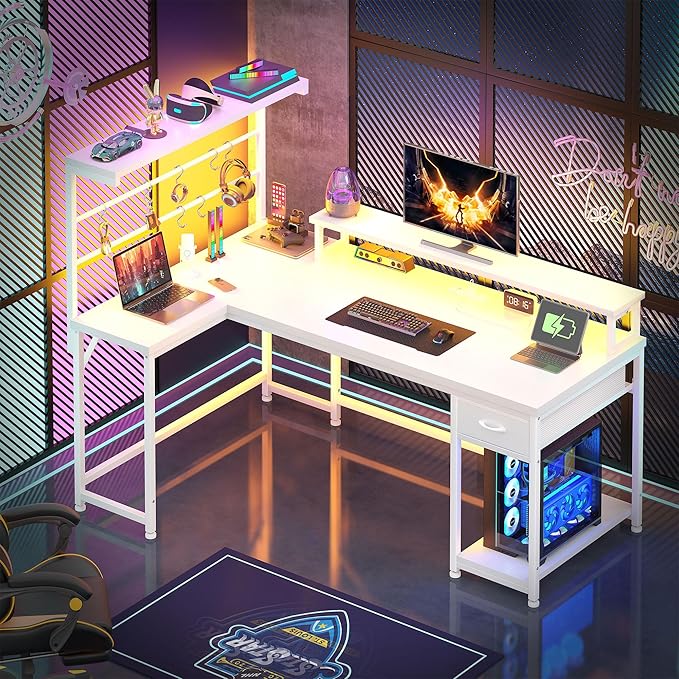 EnHomee 53 inch L Shaped Gaming Desk with LED Lights & Power Outlets, Reversible Corner Desk with Monitor Stand, Computer Desk with Shelf and Drawers for Home Office Writing, Study & Gaming, White
