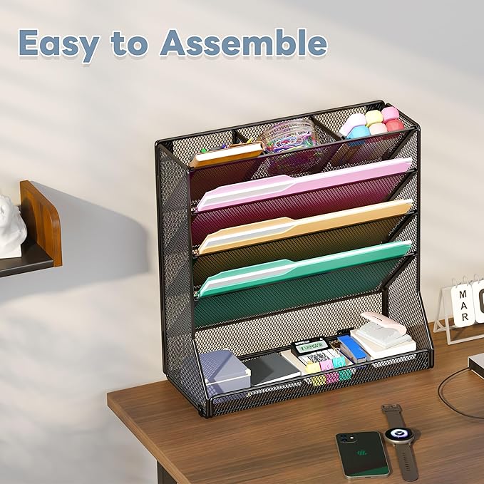 Jakyitvi File Organizer Wall Mounted 5 Tiers, Durable Adjustable Metal Vertical Hanging, Stable R-Shaped Bottom 4 Pull-Out Deviders to Sort File,Mail,Newspaper,Pen, Suitable for Office,Black
