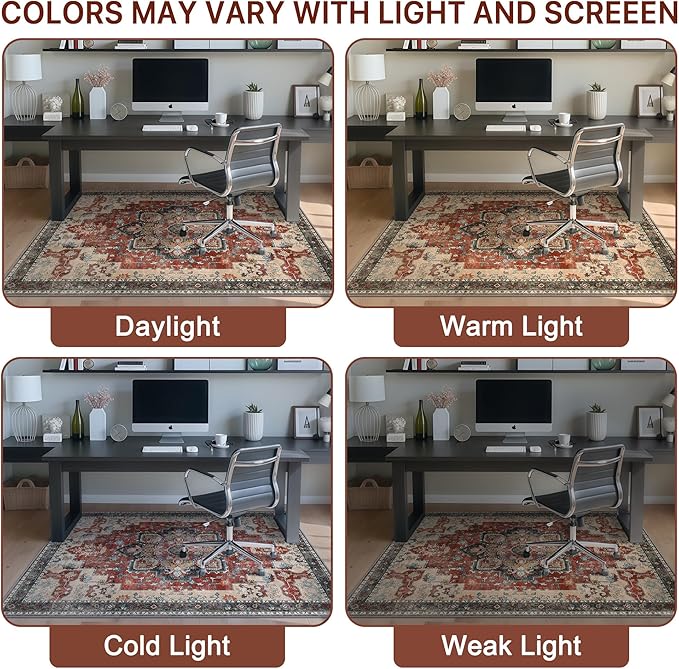 48"x48" Office Chair Mat for Hardwood Tile Floor, Under Desk Carpet Protector for Rolling Computer Chair Mat, Machine Washable Round Area Rug, Anti-Slip 1/5" Thick Low Pile Thin Floor Mat, Annatto