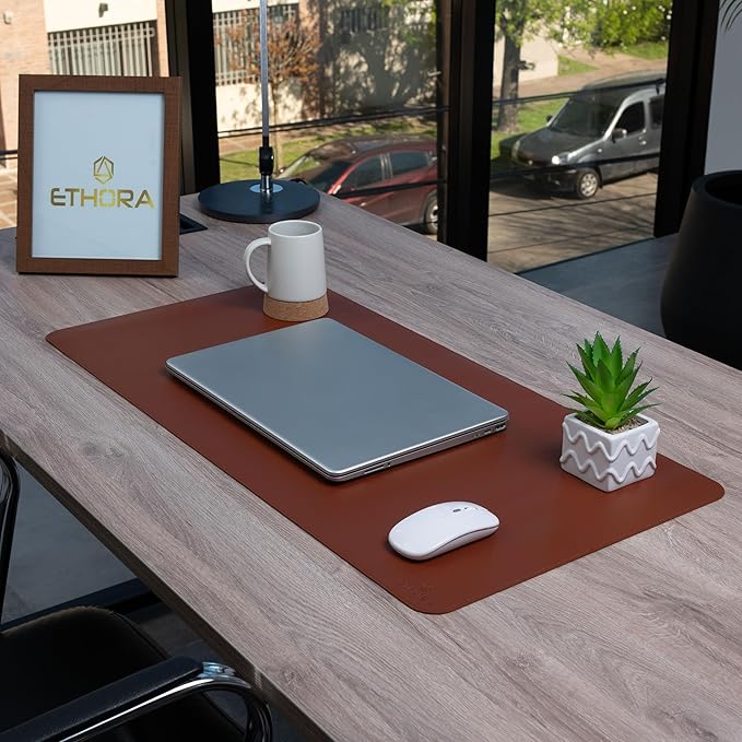 Desk Mat -Computer Desk mat with Non Slip Suede Bottom with Stitched Edges- Waterproof - Leather Desk pad PU Desk Cover for Home, Mouse, Makeup Mat for Vanity (Brown, 31.5 x 15.7)