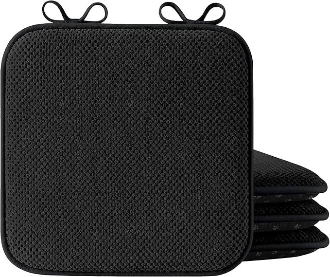 puredown® Chair Cushions for Dining Chairs, Set of 4 Memory Foam Seat Cushions with Ties & Non-Slip Backing, 16" x 16" x 1.5", Comfortable & Supportive Dining Chair Pads for Kitchen, Black