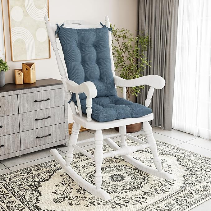 Klear Vu Omega Non-Slip Rocking Chair Cushion Set with Thick Padding and Tufted Design, Includes Seat Pad & Back Pillow with Ties for Living Room Rocker, 17x17 Inches, 2 Piece Set, Blue