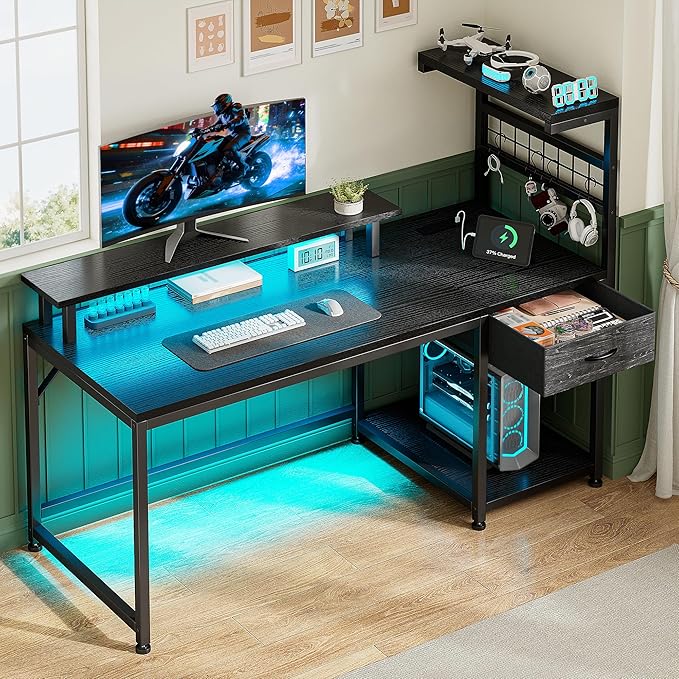 EnHomee 40" Gaming Desk with Power Outlets & LED Lights, Computer Desk with Drawer & Storage Shelve, Home Office Desk with Monitor Stand for Living Room, Study Room, Gaming Room, Black